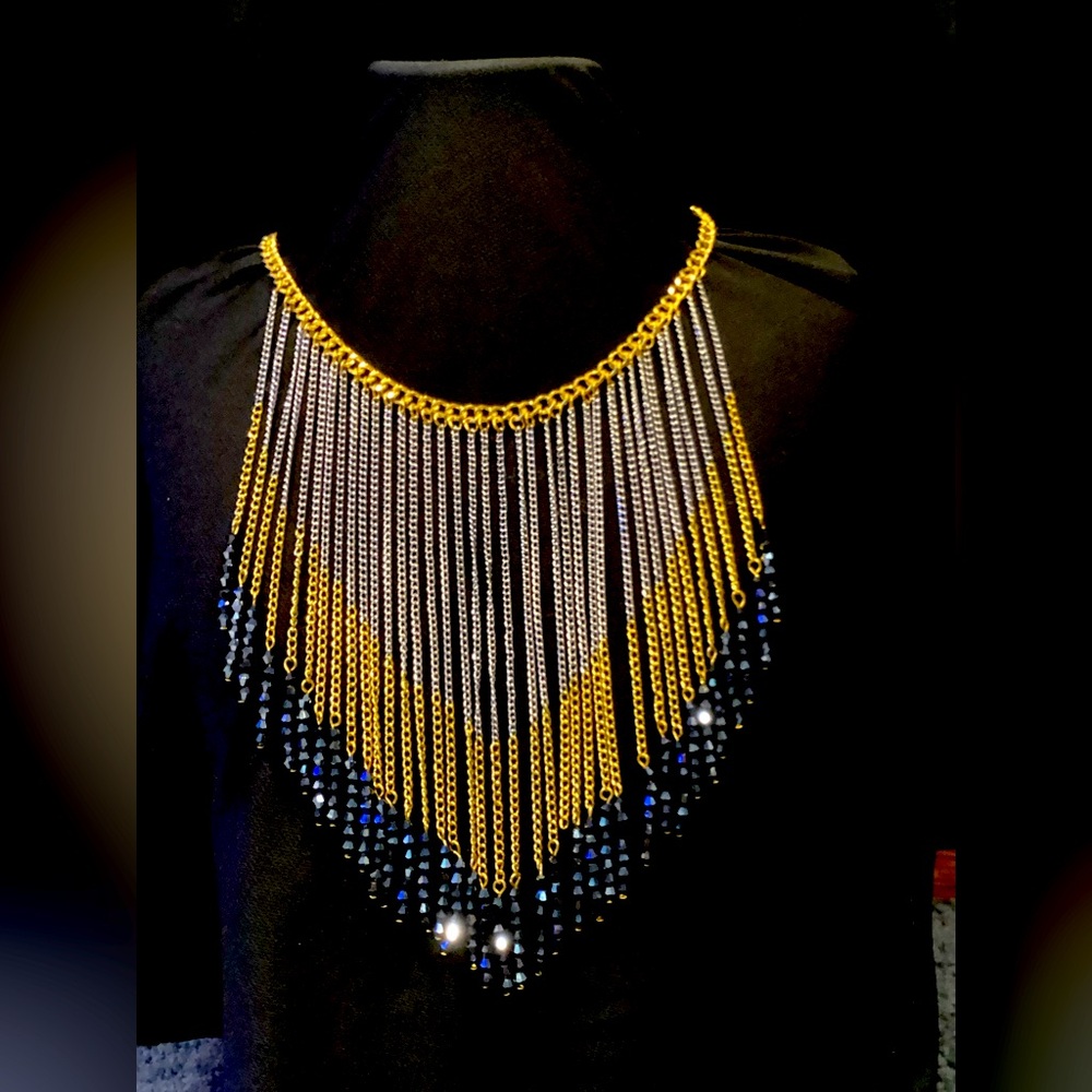 NEW! Stunning gold, silver & black long chain fringe bib necklace